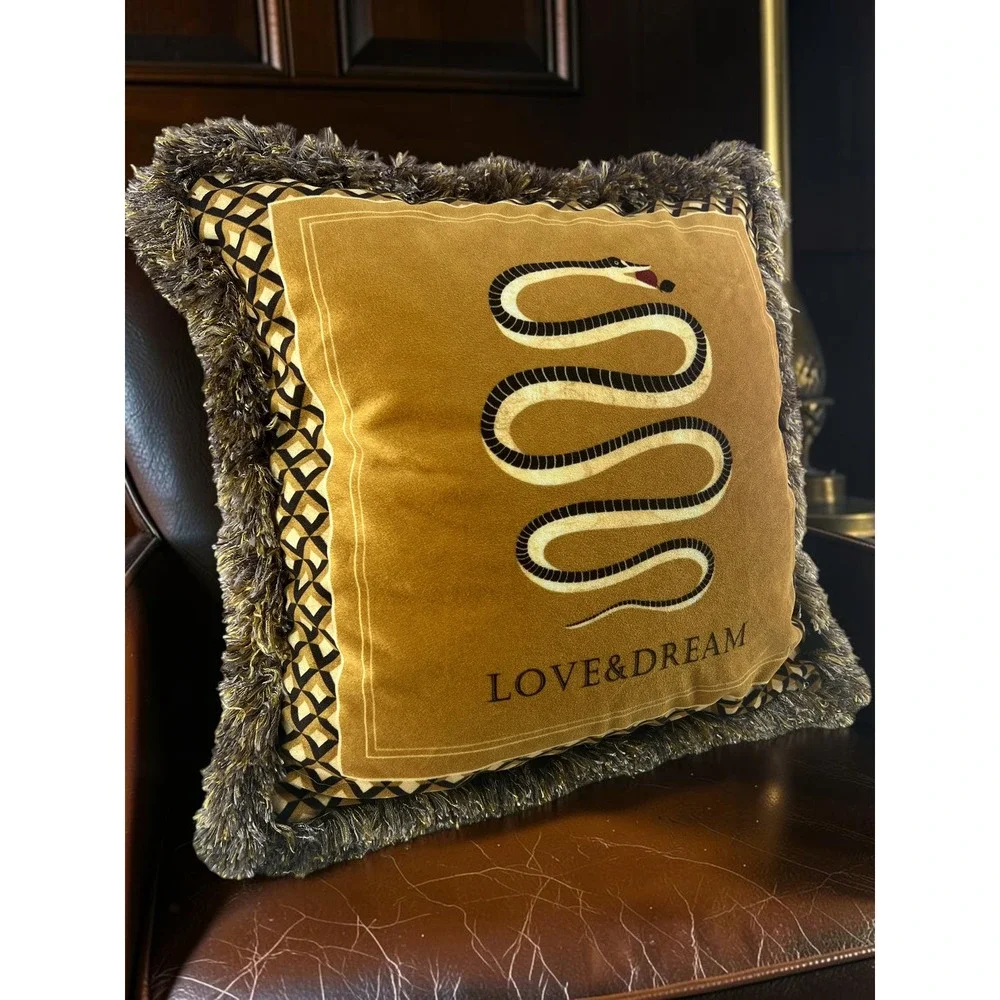 Velvet Snake Throw Pillow Love & Dream Gold Fringe Boho Gothic Maximalist Decor